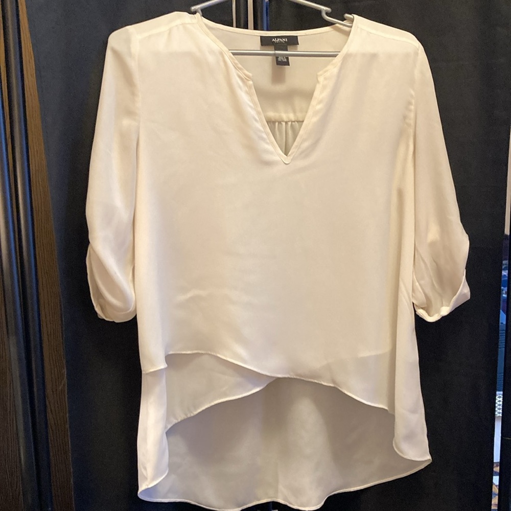 Alfani Sheer Cream, Layered Front, V-Neck, Top with Roll Tab Sleeve, Size 8P